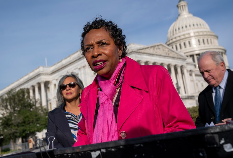 FILE - Rep. Yvette Clarke of New York speaks at a news conference in Washington, Nov. 4, 2021. Clarke and Sen. Amy Klobuchar of Minnesota sent a letter Thursday to Meta CEO Mark Zuckerberg and X CEO Linda Yaccarino asking each to explain any rules they're crafting to curb AI-generated election ads that deceive people. (AP Photo/J. Scott Applewhite, File)