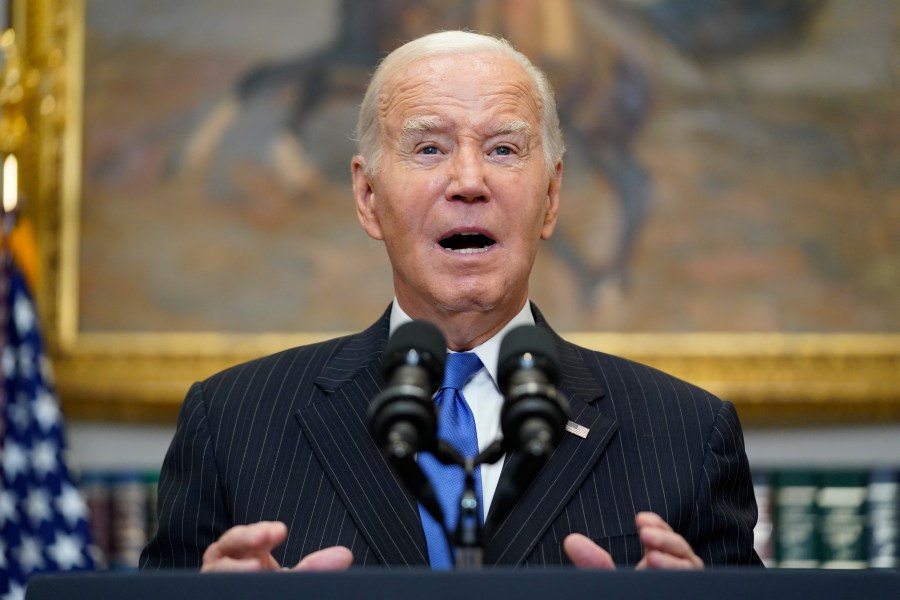 FILE - President Joe Biden speaks about the September jobs report in the Roosevelt Room of the White House, Friday, Oct. 6, 2023, in Washington. The U.S.-Mexico border and immigration are creating political and security challenges for President Joe Biden. Even some of his top allies worry about those issues' effects on his reelection chances. (AP Photo/Evan Vucci)