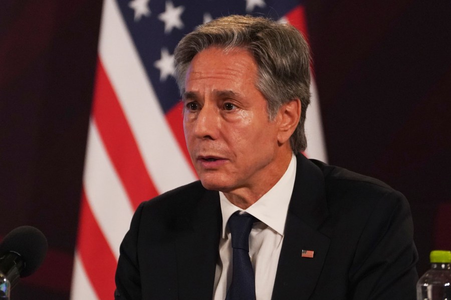 US Secretary of State Antony Blinken, right, speaks during a press conference after a meeting on security, at the National Palace in Mexico City, Thursday, Oct. 5, 2023. (AP Photo/Marco Ugarte )