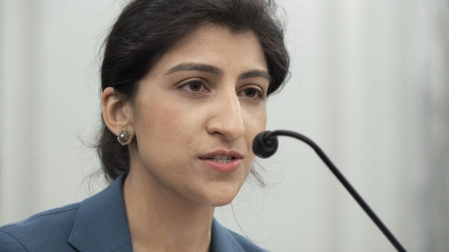 File - Lina Khan, then a nominee for Commissioner of the Federal Trade Commission (FTC), speaks at a hearing, April 21, 2021 on Capitol Hill in Washington. The Federal Trade Commission's long-awaited antitrust case is the agency's most aggressive move yet to tame the market power of Amazon, a company that's become synonymous with online shopping and fast deliveries. (Saul Loeb/Pool via AP, File)