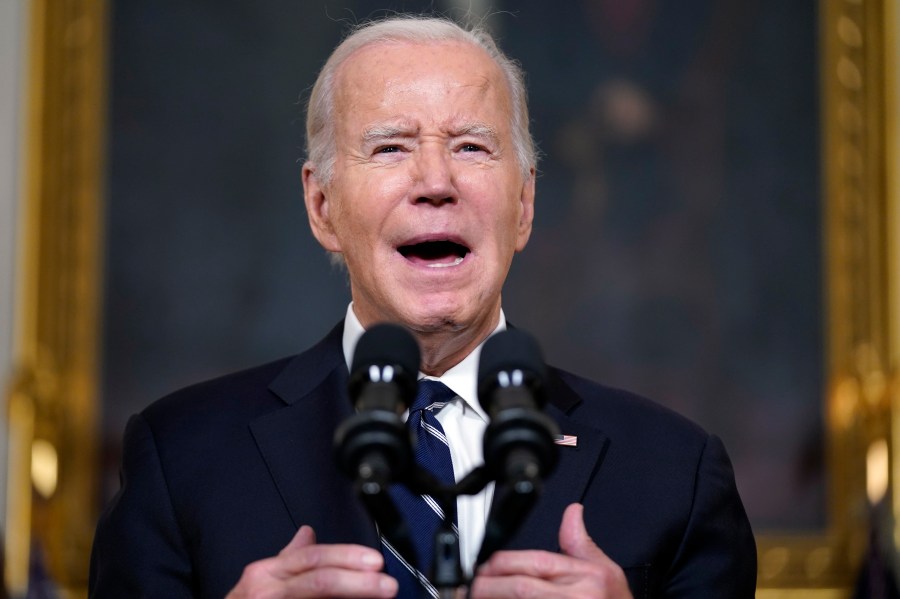 President Joe Biden speaks Tuesday, Oct. 10, 2023, in the State Dining Room of the White House in Washington, about the war between Israel and the militant Palestinian group Hamas. (AP Photo/Evan Vucci)