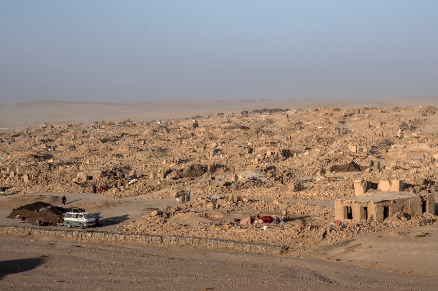 A general view of the ruined Chaahak village after an earthquake in Zenda Jan district in Herat province, western Afghanistan, Wednesday, Oct. 11, 2023. Another strong earthquake shook western Afghanistan on Wednesday morning after an earlier one killed more than 2,000 people and flattened whole villages in Herat province in what was one of the most destructive quakes in the country's recent history. (AP Photo/Ebrahim Noroozi)