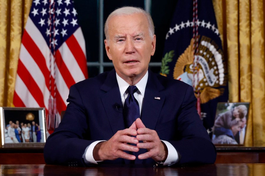 President Joe Biden speaks from the Oval Office of the White House Thursday, Oct. 19, 2023, in Washington, about the war in Israel and Ukraine. (Jonathan Ernst/Pool via AP)