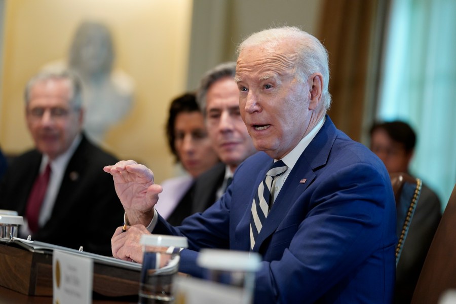 President Joe Biden speaks as he meets with European Council President Charles Michel and European Commission President Ursula von der Leyen in the Cabinet Room of the White House, Friday, Oct. 20, 2023, in Washington. (AP Photo/Evan Vucci)