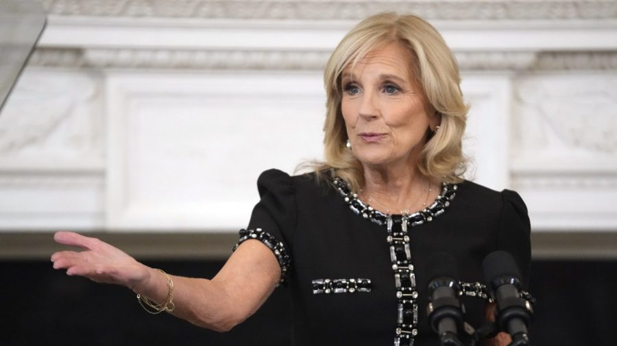 First lady Jill Biden speaks during a media preview.