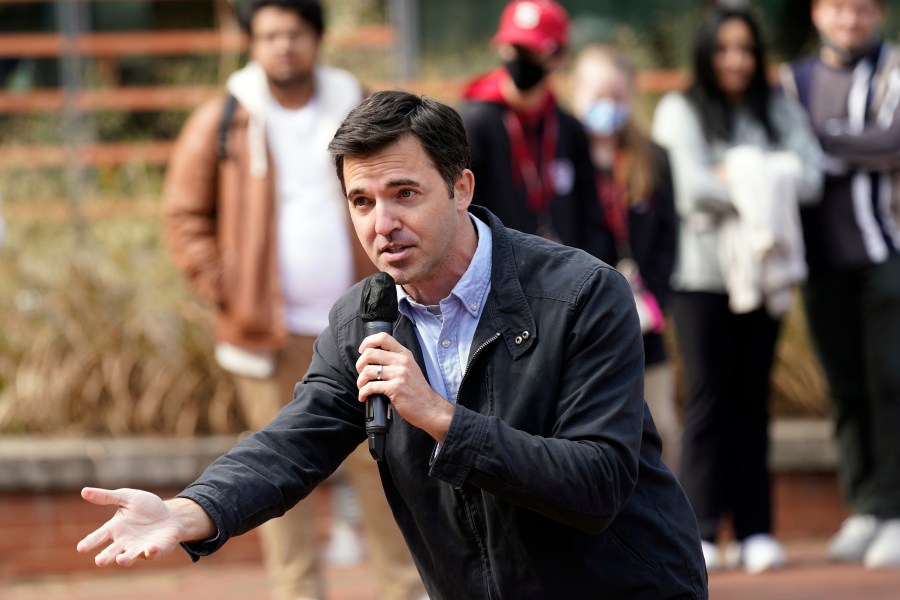 FILE - State Sen. Jeff Jackson, D-Mecklenburg, speaks to students while campaigning at North Carolina State University in Raleigh, N.C., Nov. 3, 2021. North Carolina Republicans pitched on Wednesday, Oct. 18, 2023, new maps for the state's congressional districts starting in 2024 that appear to threaten the reelection of at least three current Democratic U.S. House members. (AP Photo/Gerry Broome, File)