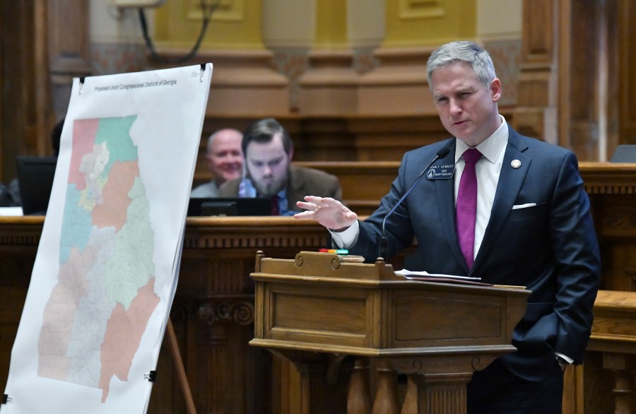 FILE - State Sen. John Kennedy, R-Macon, presents the newly-drawn congressional maps in the Senate Chambers during a special session at the Georgia State Capitol in Atlanta, Friday, Nov. 19, 2021. A federal judge ruled Thursday, Oct. 26, 2023, that some of Georgia's congressional, state Senate and state House districts were drawn in a racially discriminatory manner, ordering the state to draw an additional Black-majority congressional district. (Hyosub Shin/Atlanta Journal-Constitution via AP)