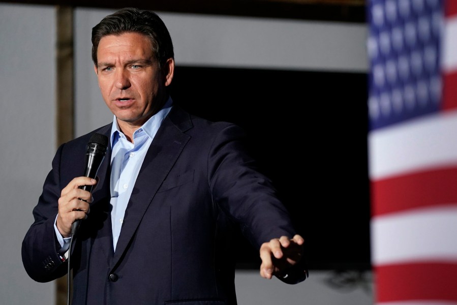 FILE - Republican presidential candidate Florida Gov. Ron DeSantis speaks during a meet and greet, Saturday, Oct. 14, 2023, in Creston, Iowa. (AP Photo/Charlie Neibergall, File)