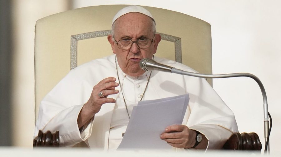 FILE - Pope Francis speaks during his weekly general audience in St. Peter's Square at The Vatican, on Oct. 18, 2023. (AP Photo/Alessandra Tarantino, File)