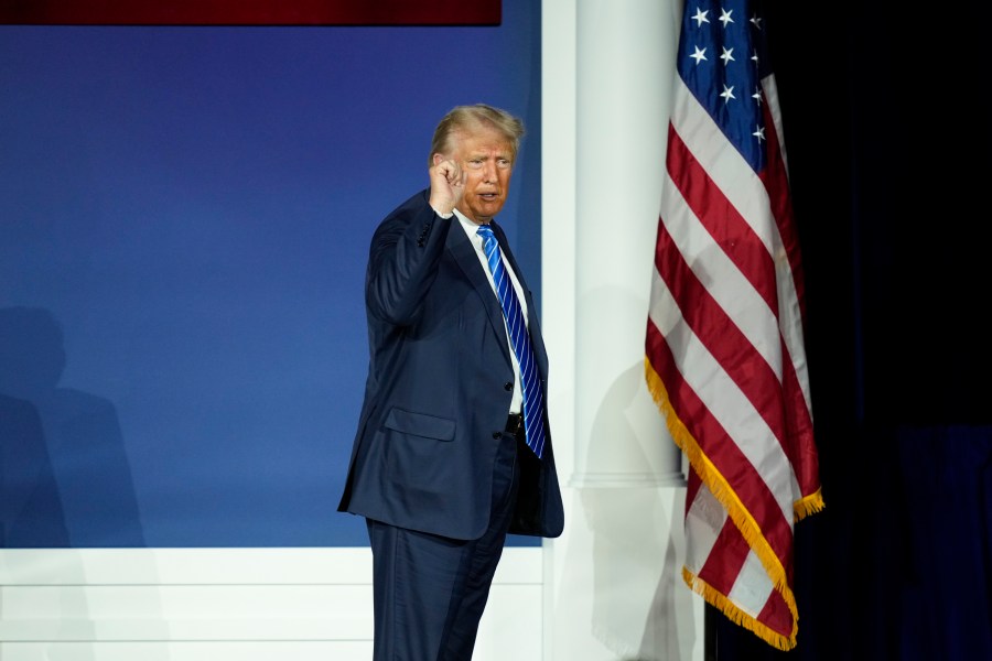 Republican presidential candidate and former President Donald Trump leaves after speaking at an annual leadership meeting of the Republican Jewish Coalition, Saturday, Oct. 28, 2023, in Las Vegas. (AP Photo/John Locher)