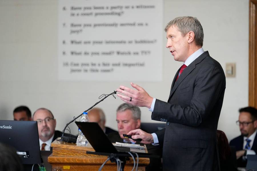 Attorney Eric Olson delivers opening remarks for a lawsuit that seeks to keep former President Donald Trump off the state ballot, in court in Denver on Monday, Oct. 30, 2023. (AP Photo/Jack Dempsey, Pool)