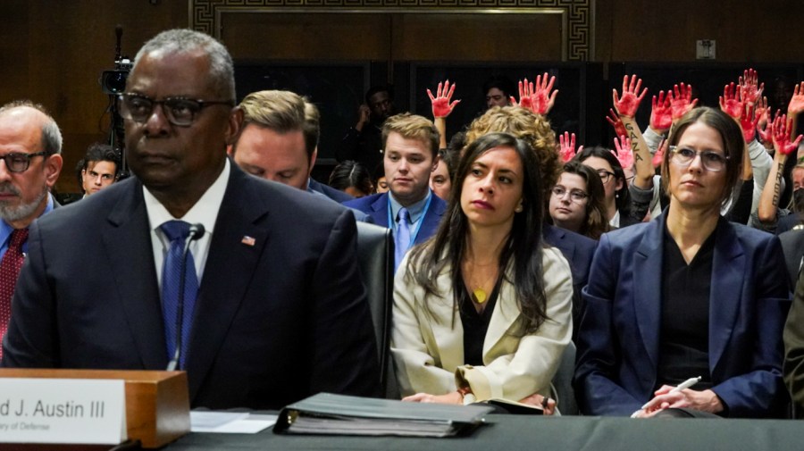 Code Pink activists protest at a Senate Appropriations Committee hearing on Oct. 31, 2023.