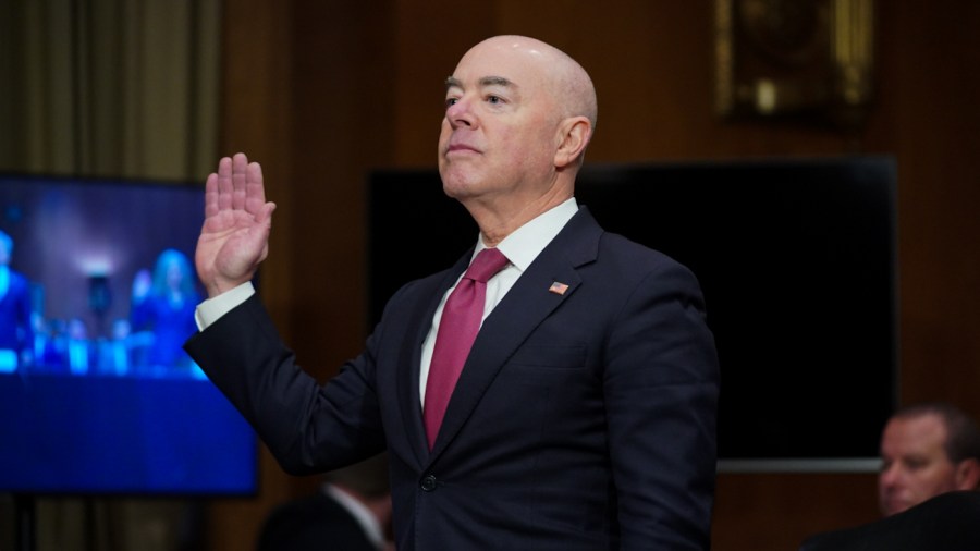 Department of Homeland Security Secretary Alejandro Mayorkas is sworn in at a Senate Homeland Security and Governmental Affairs Committee hearing to examine threats to the homeland on Oct. 31, 2023.