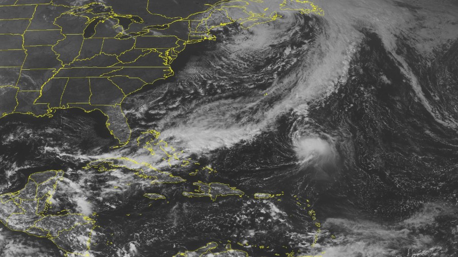 This NOAA satellite image taken Wednesday, October 05, 2011 at 01:45 PM EDT shows Tropical Storm Philippe about 530 miles southeast of Bermuda. Philippe is moving toward the northwest near 6 mph with maximum sustained winds 65 mph and higher gusts.