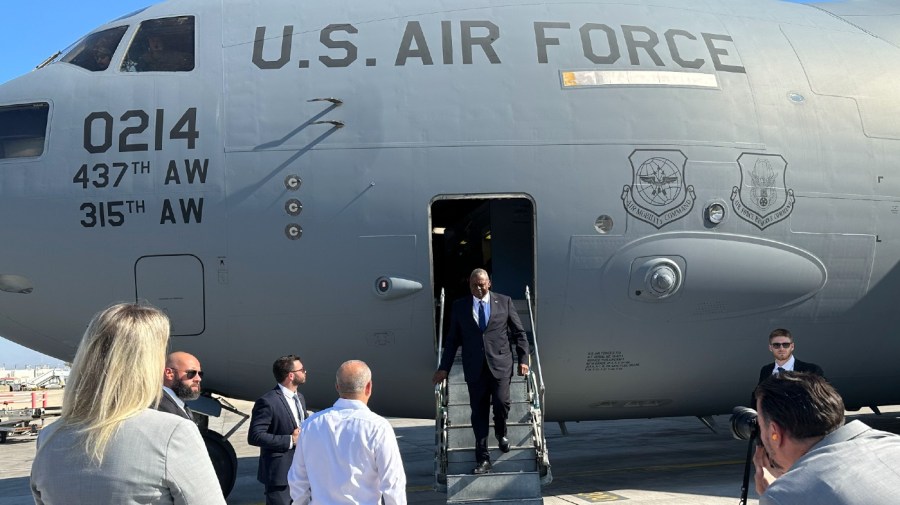 U.S. Defense Secretary Lloyd Austin arrives in Tel Aviv, Friday, Oct. 13, 2023.