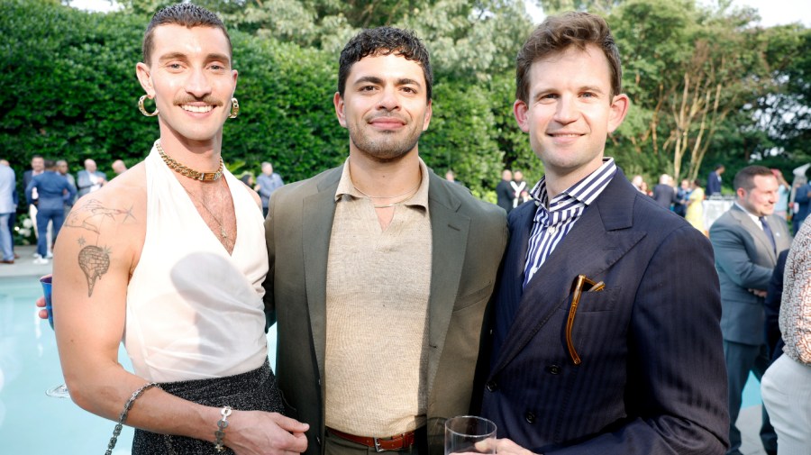 From left to right, Tyler Cherry, Michael Vazquez and Jamie Citron attend a Pride celebration hosted by the office of the Vice President Of The United States in collaboration with GLAAD on June 28, 2023, in Washington, D.C. 