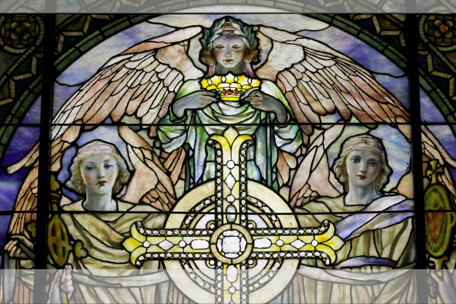 A detail of "The Righteous Shall Receive a Crown of Glory," Brainard Memorial Window for Methodist Church, Waterville, New York, ca. 1901 is photographed while on display at the "Louis C. Tiffany and the Art of Devotion" exhibit at the Museum of Biblical Art in New York on Thursday, Oct. 25 2012.