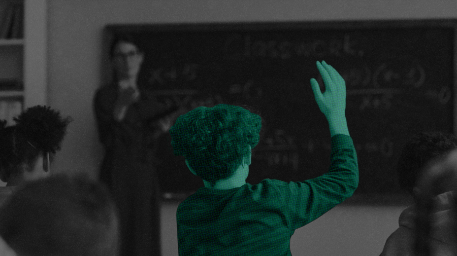 Photo illustration of boy raising his hand, in dark green with a halftone texture, over a semi-transparent image of a classroom over a black textured background