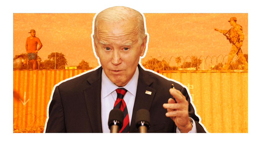 Photo illustration of Joe Biden, center, with some orange tones and a white outline, over an orange-toned image of two men walking toward each other standing on shipping containers over barbed wire.