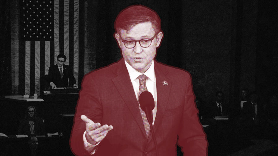 Photo illustration of Mike Johnson, screened in a light red tone with a halftone texture, over a heavy black and white, semi-transparent and textured photo of Johnson at the Speaker’s podium on the House floor.