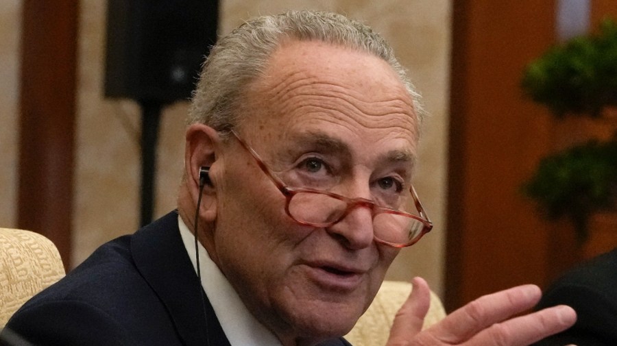 Visiting U.S. Senate Majority Leader Chuck Schumer, D-N.Y. speaks during a bilateral meeting with Chinese Foreign Minister Wang Yi at the Diaoyutai Guest House in Beijing, Monday, Oct. 9, 2023.