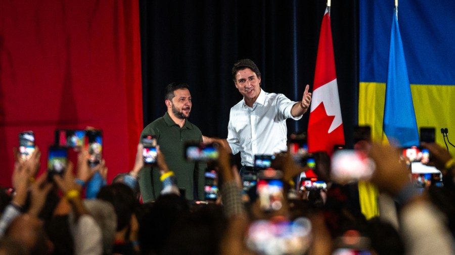 Canadian Prime Minister Justin Trudeau (R) and Ukrainian President Volodymyr Zelensky interact on stage during a rally at Fort York on September 22, 2023 in Toronto, Canada. Zelensky visited Canada for the first time in person since Russia's invasion of Ukraine, ending a North American trip that started with a visit to the U.S. (Photo by Katherine KY Cheng/Getty Images)