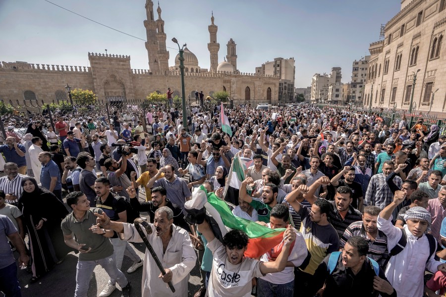 FILE - Protesters shout anti-Israel slogans during a rally to show solidarity with the people of Gaza after Friday prayers at Azhar mosque, the Sunni Muslim world's premier Islamic institution, in Cairo, Egypt, Friday, Oct. 20, 2023. Countries in the Middle East that have normalized or are considering normalizing relations with Israel are coming under growing public pressure to cut those ties because of Israel's war with Hamas. The protesters' demands present an uncomfortable dilemma for governments that have enjoyed the benefits of closer military and economic ties with Israel in recent years. (AP Photo/Amr Nabil, File)