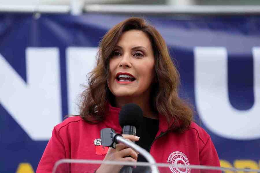 FILE - Michigan Gov. Gretchen Whitmer speaks to United Auto Workers members at a rally in Detroit, Sept. 15, 2023. Michigan Democrats have warned the White House that Biden’s response to the Israel-Hamas war could put his reelection campaign in jeopardy in the key swing state next year. The state holds the largest concentration of Arab Americans in the nation and many in the community are pledging to coalesce against Biden’s reelection campaign unless he calls for a ceasefire in the war. (AP Photo/Paul Sancya, file)