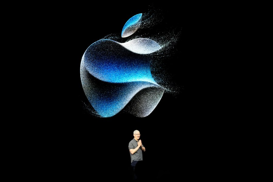 File - Apple CEO Tim Cook speaks at an announcement of new products on the Apple campus, Sept. 12, 2023, in Cupertino, Calif. Apple reports earnings on Thursday, Nov. 2, 2023. (AP Photo/Jeff Chiu, File)