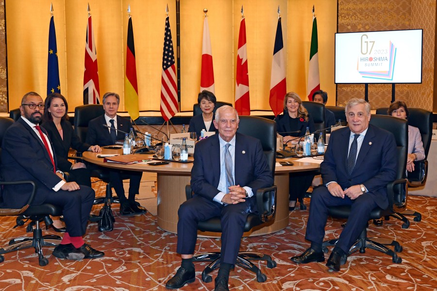 From left to right, British Foreign Minister James Cleverly, German Foreign Minister Annalena Baerbock, U.S. Secretary of State Antony Blinken, Japanese Foreign Minister Yoko Kamikawa, High Representative of the European Union for Foreign Affairs and Security Policy Josep Borrell, front, Canadian Foreign Minister Melanie Joly, Italian Foreign Minister Antonio Tajani, front, and French Foreign Minister Catherine Colonna pose for a photo at the beginning of the session 1 of the G7 Foreign Ministers' meeting at the Foreign Ministry's Iikura guesthouse in Tokyo Wednesday, Nov. 8, 2023. (Toshifumi Kitamura/Pool Photo via AP)