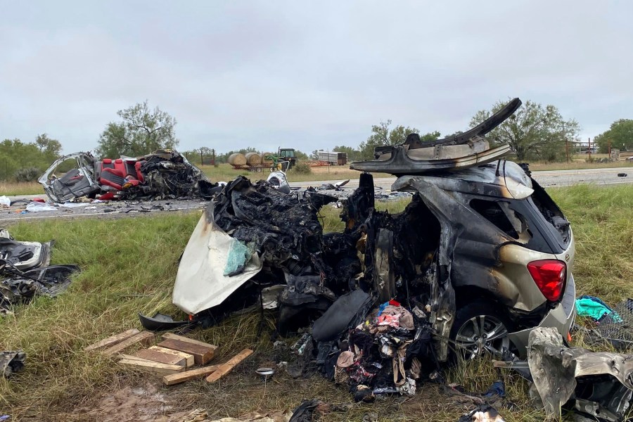 This image provided by the Texas Department of Public Safety, shows mangled vehicles at the scene of crash, Wednesday, Nov. 8, 2023, near Batesville, Texas.