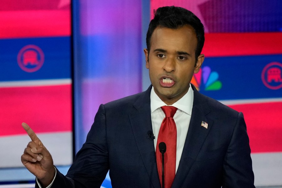 Republican presidential candidate businessman Vivek Ramaswamy speaks during a Republican presidential primary debate hosted by NBC News, Wednesday, Nov. 8, 2023, at the Adrienne Arsht Center for the Performing Arts of Miami-Dade County in Miami. (AP Photo/Rebecca Blackwell)