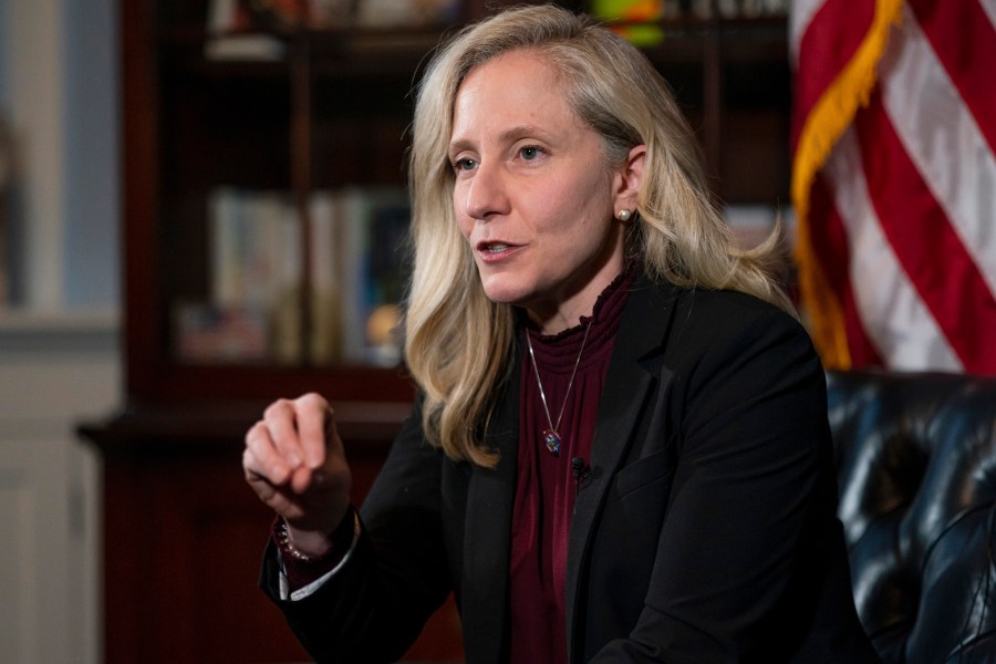 FILE - Rep. Abigail Spanberger, D-Va., speaks during an interview at her congressional offices in Washington, Feb. 8, 2023. Spanberger has announced she will run in 2024 for Virginia governor. (AP Photo/Nathan Howard, File)