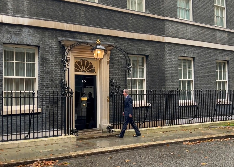 This screen grab taken from PA video shows former prime minister David Cameron arriving at 10 Downing Street, in London, Monday, Nov. 13, 2023. Cameron has been appointed foreign secretary during a Cabinet reshuffle on Monday, (Sam Hall/PA via AP)