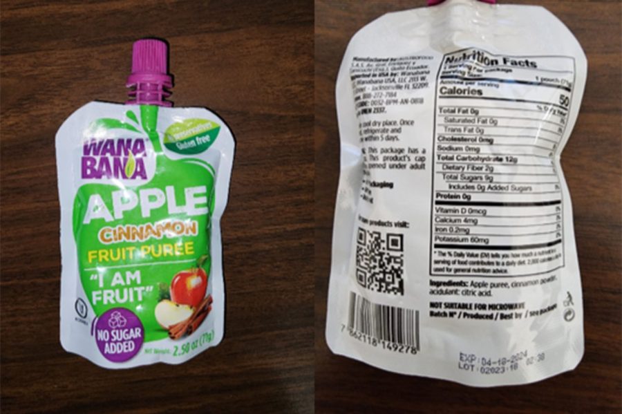 FILE - This photo provided by the U.S. Food and Drug Administration on Oct. 28, 2023, shows a WanaBana apple cinnamon fruit puree pouch.