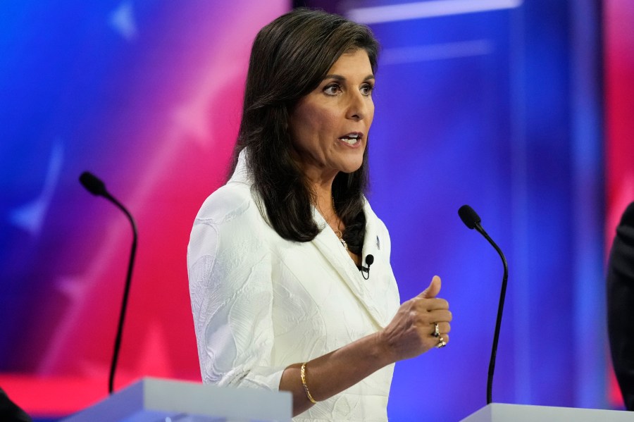 Republican presidential candidate former U.N. Ambassador Nikki Haley speaks during a Republican presidential primary debate hosted by NBC News, Wednesday, Nov. 8, 2023, at the Adrienne Arsht Center for the Performing Arts of Miami-Dade County in Miami. (AP Photo/Rebecca Blackwell)