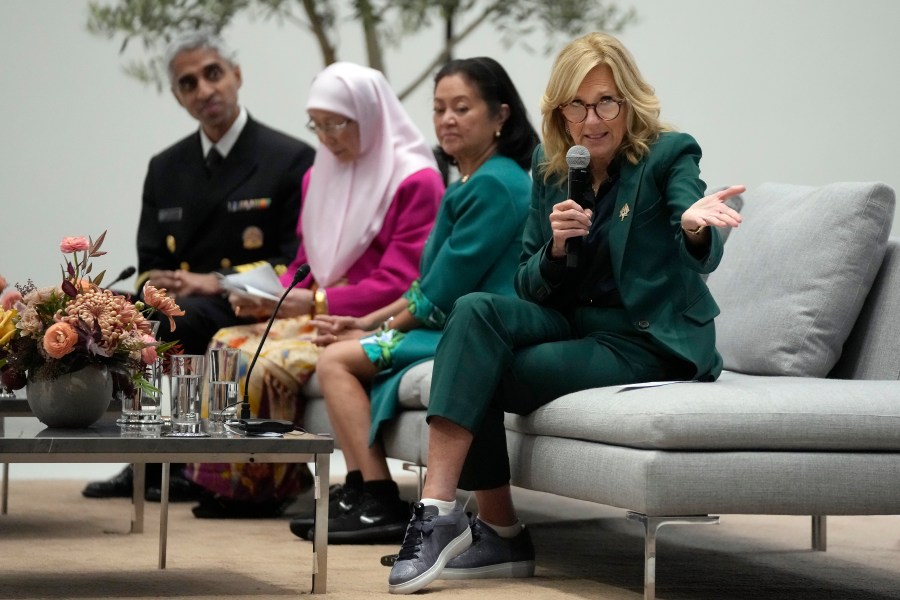 First lady Jill Biden, from right, speaks in front of Louise Araneta-Marcos, first lady of the Philippines; Wan Azizah Wan Ismail, wife of Malaysia's Prime Minister; and Surgeon General Dr. Vivek Murthy during a discussion on mental health at a spousal program as part of the APEC Leaders' Week at the Apple campus in Cupertino, Calif., Friday, Nov. 17, 2023. (AP Photo/Jeff Chiu)