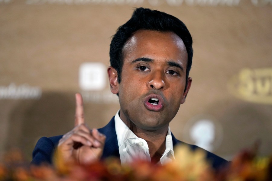 FILE - Republican presidential candidate businessman Vivek Ramaswamy speaks during the Family Leader's Thanksgiving Family Forum, Nov. 17, 2023, in Des Moines, Iowa. Ramaswamy is risking becoming an afterthought in the 2024 Republican presidential race as persistent questions confront him about his age, faith, positions on Israel and his very purpose being in the fray when the man he so admires, Donald Trump, is dominating the field. (AP Photo/Charlie Neibergall, File)