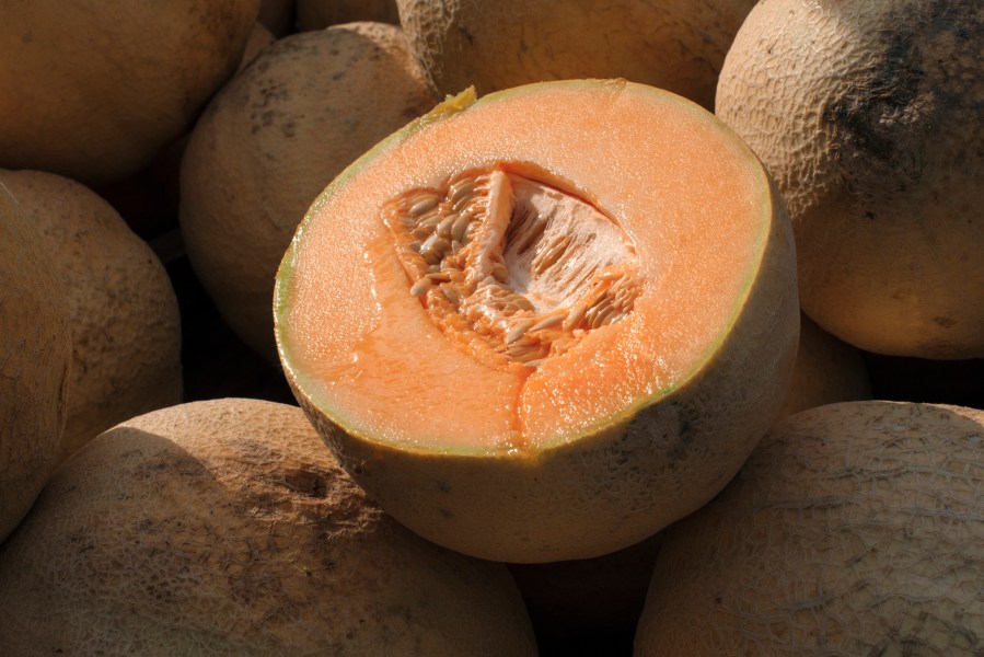 FILE - Cantaloupes are displayed for sale in Virginia on July 28, 2017. The Centers for Disease Control and Prevention on Thursday, Nov. 30, 2023, said it was advising people to stop eating precut cantaloupe if they don't know where it came from due to a deadly outbreak of salmonella poisoning that continues to grow. (AP Photo/J. Scott Applewhite, File)