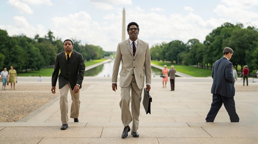 This image released by Netflix shows Jeffrey Mackenzie Jordan, left, and Colman Domingo as Bayard Rustin in a scene from "Rustin."