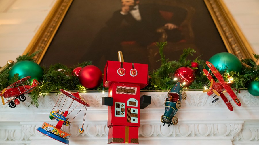 Holiday decorations are seen during a press preview at the White House