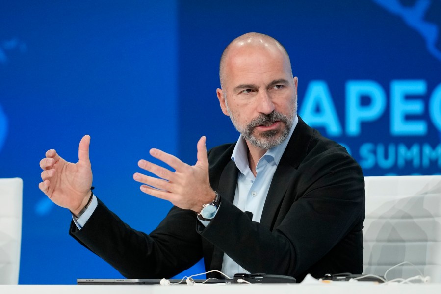 Uber CEO Dara Khosrowshahi, CEO, participates in a session during the APEC CEO Summit Wednesday, Nov. 15, 2023, in San Francisco. (AP Photo/Eric Risberg)