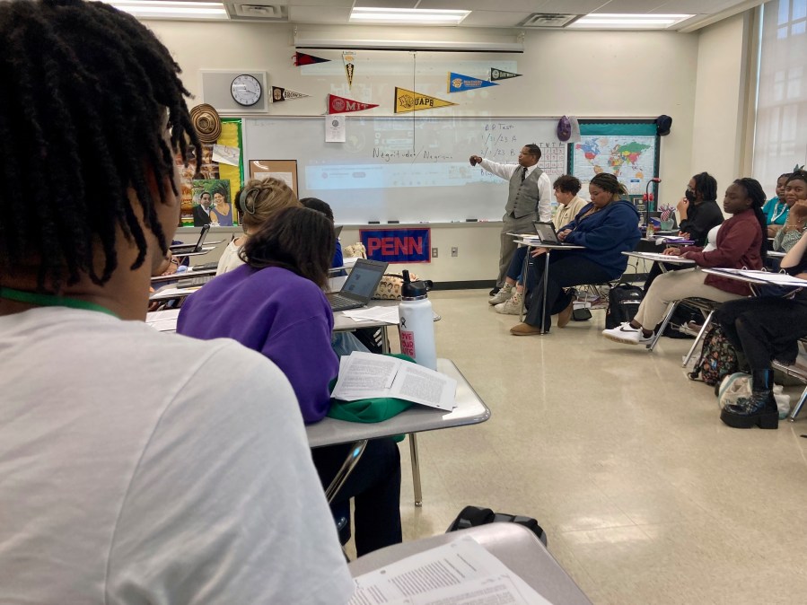 FILE - Emmitt Glynn teaches to a group of Baton Rouge Magnet High School students, Jan. 30, 2023, in Baton Rouge, La.