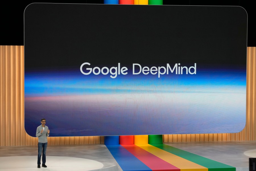 File - Alphabet CEO Sundar Pichai speaks about Google DeepMind at a Google I/O event in Mountain View, Calif., May 10, 2023. Google took its next leap in artificial intelligence Wednesday with the launch of a project called Gemini that's trained to think more like humans and behave in ways likely to intensify the debate about the technology's potential promise and perils. Google DeepMind is the AI division behind Gemini. (AP Photo/Jeff Chiu, File)