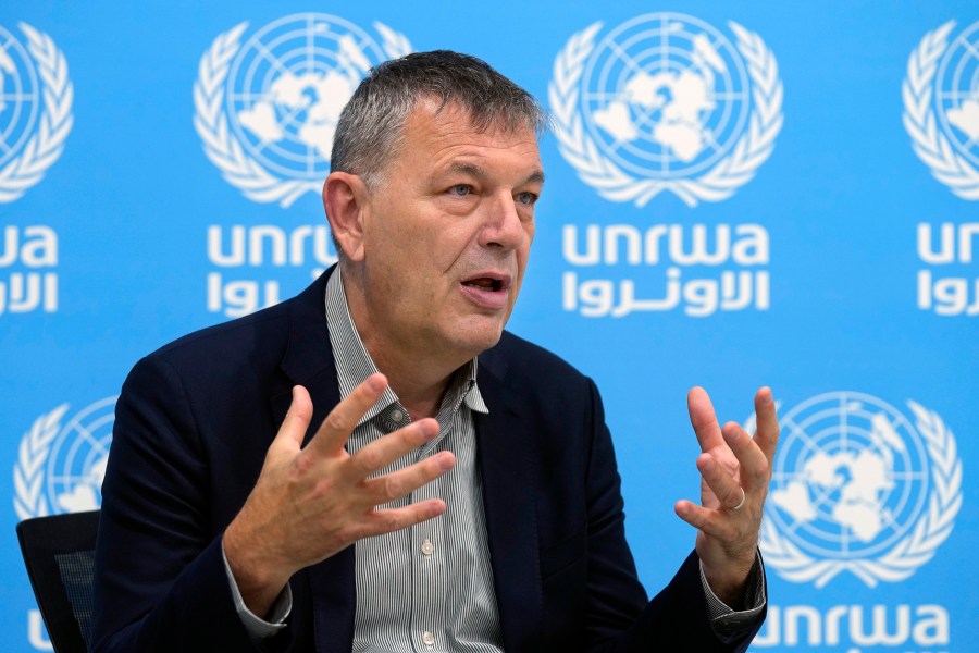 The Commissioner-General of the U.N. agency for Palestinian refugees, Philippe Lazzarini, speaks during an interview with The Associated Press at the UNRWA headquarters in Beirut, Lebanon, Wednesday, Dec. 6, 2023. Lazzarini said there is no haven in Gaza for civilians, including U.N. shelters and "safe zones" designated by Israel. (AP Photo/Bilal Hussein)