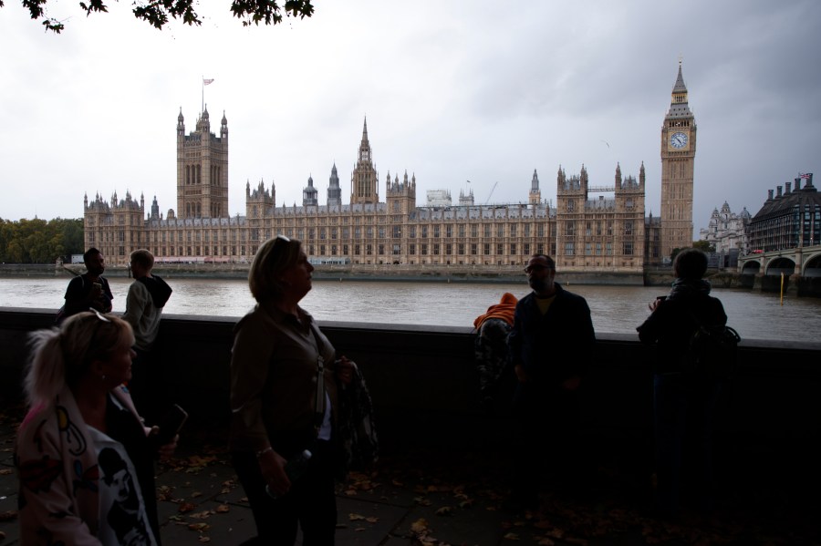 FILE - A general view of the Houses of Parliament at sunrise in London, on Oct. 21, 2022. Russia's intelligence services targeted high-profile British politicians, civil servants and journalists with cyberespionage and “malicious cyberactivity” as part of sustained attempts to interfere in U.K. political processes, Britain's government said Thursday Dec. 7, 2023. (AP Photo/David Cliff, File)