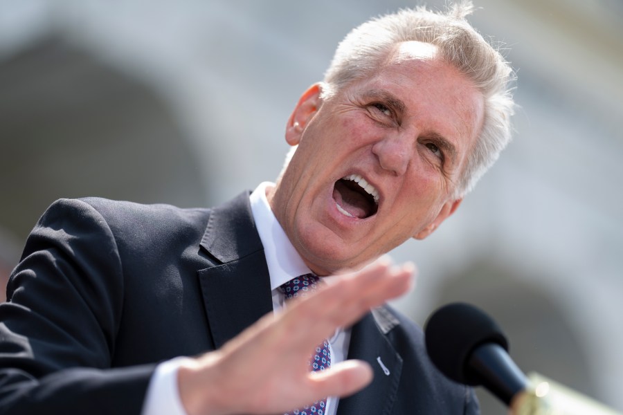 FILE - Speaker of the House Kevin McCarthy, R-Calif., criticizes President Joe Biden's policies and efforts on the debt limit negotiations as he holds a news conference at the Capitol in Washington, Wednesday, May 17, 2023. Two months after his historic ouster as House speaker, Republican Rep. Kevin McCarthy of California announced on Wednesday, Dec. 6, 2023, that he is resigning from his congressional seat and will leave by the end of the year. (AP Photo/J. Scott Applewhite, File)