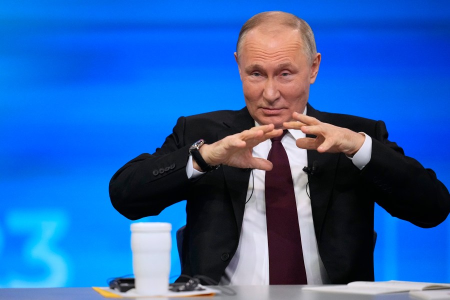 Russian President Vladimir Putin gestures during his annual news conference in Moscow, Russia, Thursday, Dec. 14, 2023. (AP Photo/Alexander Zemlianichenko, Pool)