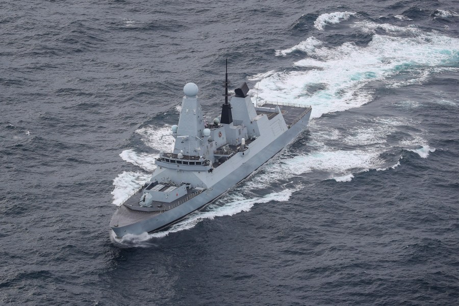 In this photo provided by the Ministry of Defence on Saturday, Dec. 16, 2023, a view of the HMS Diamond off the coast of Scotland, Oct. 4, 2020. A Royal Navy warship has shot down a suspected attack drone targeting commercial ships in the Red Sea, Britain’s defense secretary said Saturday, Dec. 16, 2023. Grant Shapps said that HMS Diamond fired a Sea Viper missile and destroyed a drone that was “targeting merchant shipping.” (LPhot Belinda Alker/Ministry of Defence via AP)