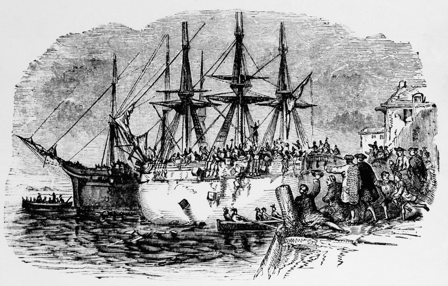 FILE-The Boston Tea Party of 1773, is depicted in an undated engraving. Bostonians dressed as Indians dumped 342 chests of tea overboard from three British ships in protest against "taxation without representation." Patriotic mobs and harbor tea dumping are returning to Boston on Saturday, Dec. 16, 2023 as the city marks the 250th anniversary of the revolutionary protest that preceded America’s independence. (AP Photo)